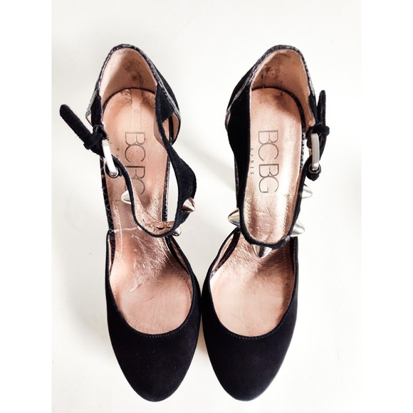 Y2K BCBG Paris Vtg Platform Suede Studded Ankle Strap 5" Block Heel Spikes Black - Picture 9 of 9